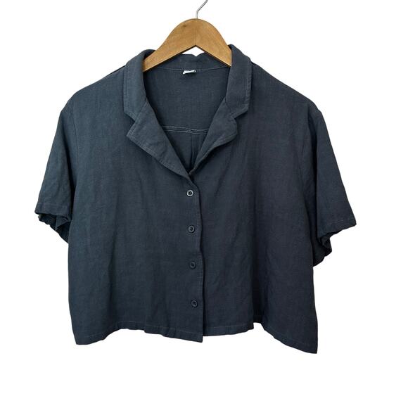 ANRABESS Cropped Linen Blend Top Blue Gray Button Up Collared Lagenlook 2XL - Picture 1 of 6